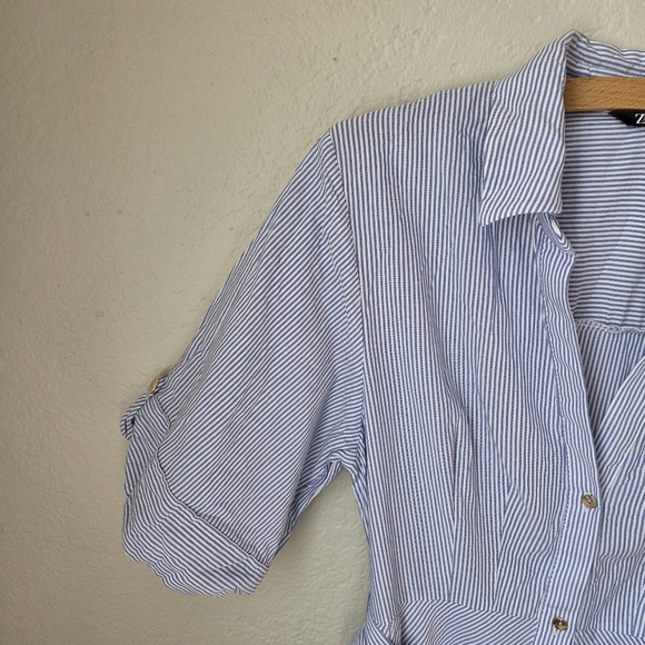 Zara Womens Blue White Striped Sz Small Buttom Collar Belted Shirt Dress - Picture 3 of 16